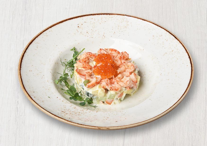 «Olivier» salad with crayfish and red caviar